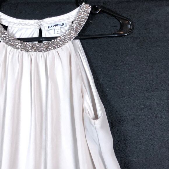Express Womens Blouse Champagne Bejeweled High Neck Flowy Sleeveless Small - Picture 5 of 12